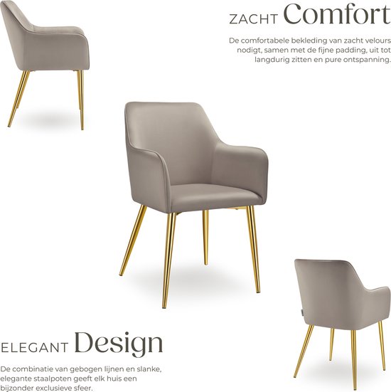 tectake Esszimmerstuhl Avane - Samtoptik - Gepolsterter Stuhl mit ergonomischen Armlehnen - Schlanke Stahlbeine in Gold - Belastbarkeit 120 kg - Komfortabler Ess- und Küchenstuhl - 2er-Set - Taupe