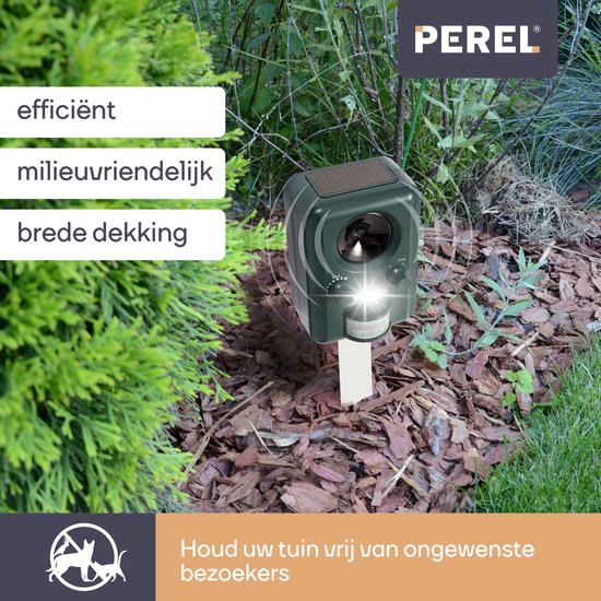 Perel Solarbetriebenes Ultraschall-Schädlingsabwehrgerät, Outdoor, Abwehr von Mäusen, Ratten, Insekten, Katzen, Mardern, Vögeln, Füchsen, Katzenschreck, Marderabwehr, wiederaufladbar über USB, bis zu 65m²