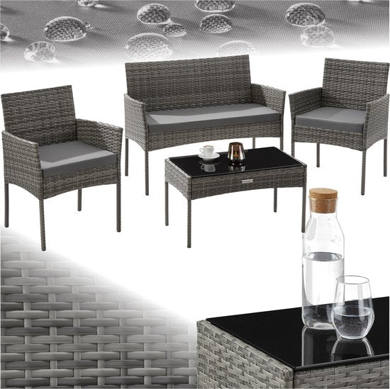 tectake® - Geflecht-Gartenset Palese - Sitzgruppe für 4 Personen - Gartenmöbelset mit Loungebank, Gartentisch und 2 Gartenstühlen inklusive Sitzkissen - Gartenmöbel - Wasserfest - Grau