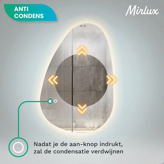 Mirlux Badezimmerspiegel mit LED-Beleuchtung - Asymmetrischer Wandspiegel - Organische Form - Anti-Kondensations-Duschspiegel - 90x60 CM