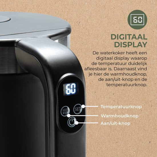 Bourgini Elements - Digitaler Wasserkocher - Schwarz - 1,7 Liter Fassungsvermögen - GRS-zertifizierte, recycelte Materialien