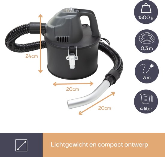 Perel Mini-Aschesauger, Kaminsauger, Aschesauger, Kaminsauger, Grillsauger, Trockensauger mit flexiblem Schlauch 0,3 m, HEPA-Filter, Saugfunktion, ohne Beutel, 600 W, 4 L
