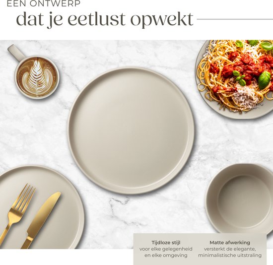 tectake® Geschirrset Una - 30-teilig - Steingut - 6 Personen - Stilvolles und langlebiges Geschirr - Geschirrset mit großen und kleinen Tellern, Schalen, Schüsseln - Tassen - Taupe