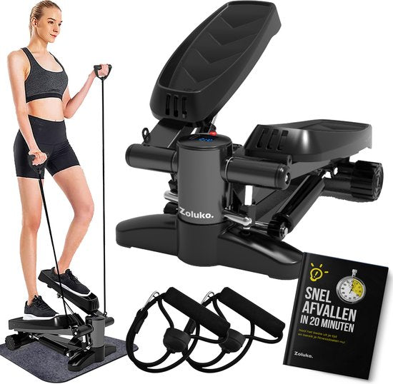 Zoluko Stepper mit Display - Inklusive Widerstandsbänder, Anti-Rutsch-Matte und E-Book - Stepper Fitness - Fitness Step - Mini Stepper - Step Fitness - Aerobic Step - Step - Stepper Fitness Gerät - Heimtrainer - Schwarz