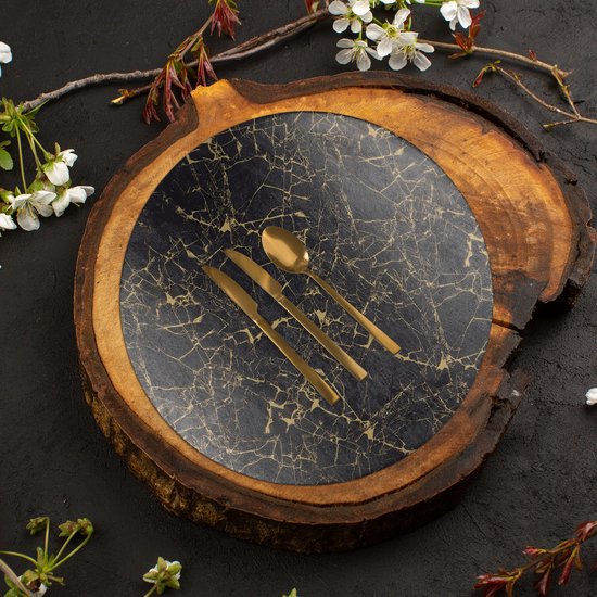 Castagnola Tischsets in Lederoptik - Runde Tischsets - Rutschfeste Kunstleder Tischsets - Wasserabweisende Untersetzer - Untersetzer - 6 Stück - Durchmesser 38 cm - Schwarz/Gold