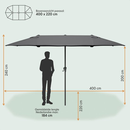 LifeGoods Doppelter Sonnenschirm - Garten - 220x400cm - bis zu 8 Personen - Wasserdicht - UPF50+ - Dunkelgrau