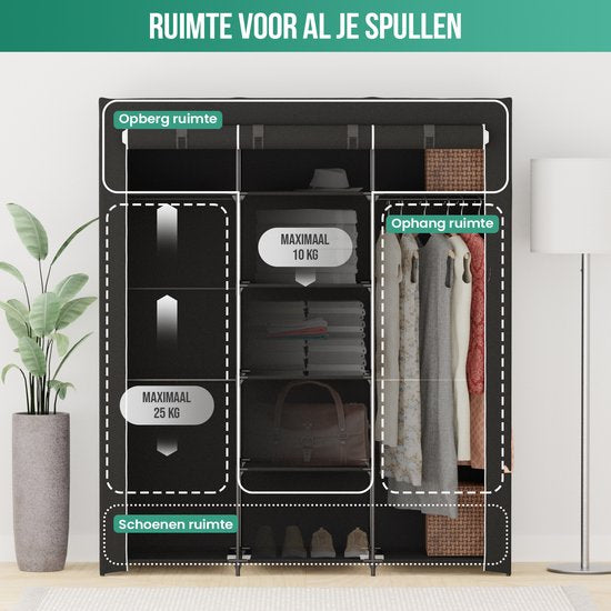 Avalo Wardrobe Fabric Foldable XXL - 150x45x175 CM - Kleiderschrank - Schlafzimmer Kleiderschrank - Schwarz