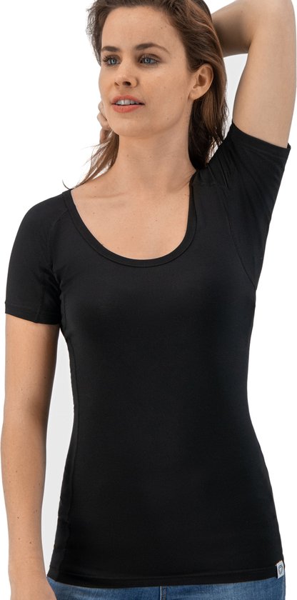 Anti Sweat Shirt - Fibershirts® - Eingenähte Achselpads - Unterhemd - Schwarz - Rundhalsausschnitt - Damen - Größe XL