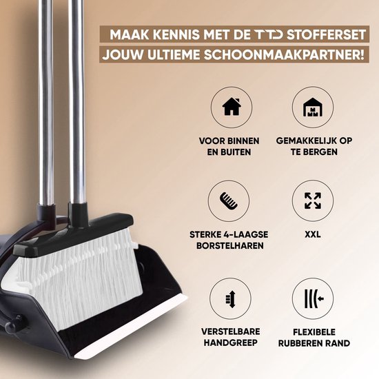 TTD® Kehrschaufel und Besen mit langem Stiel XXL - Verstellbar 54-263 cm - Besen - Besenstiel - Grau & Schwarz - Kehrschaufel und Besen - Kehrschaufel für drinnen und draußen - Integrierte Reinigungszähne