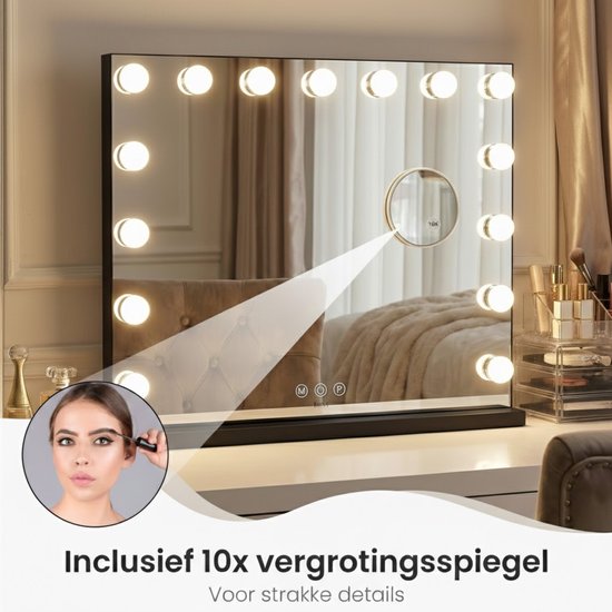 Bayt Hollywood-Spiegel mit Beleuchtung - Make-up-Spiegel mit Beleuchtung - Spiegel mit Beleuchtung - dimmbar - 10x Vergrößerung - 58x46cm - Schwarz