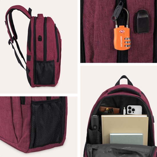 TRVLMORE Rucksack mit Lifetime - Rucksack mit 15.6 Zoll Laptopfach - Schultasche - spritzwassergeschützt - Männer und Frauen - Jungen und Mädchen - 28L - Burgunderrot