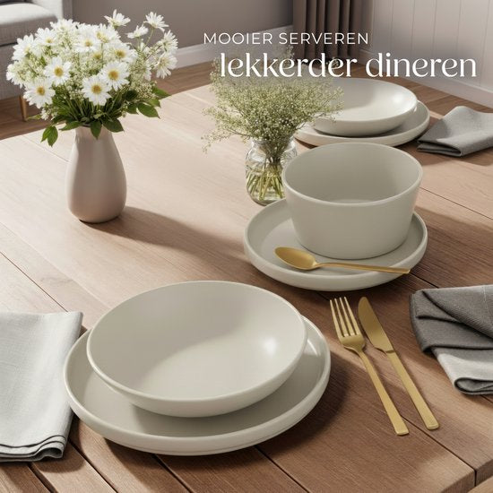 tectake® Geschirrset Una - 24-teilig - Steingut - 6 Personen - Stilvolles und langlebiges Geschirr - Tellerset mit großen und kleinen Tellern, Schalen, Schüsseln, Schälchen - Taupe