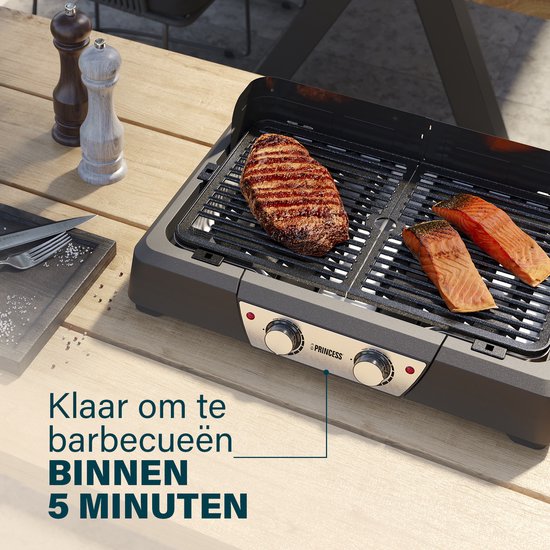 Princess BBQ Tischgrill 112254 - Schwarz - Einstellbarer Thermostat - Tisch-BBQ - Grillgerät - Große Backfläche - 2000W