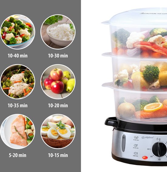 alpina Dampfgarer 9 l – Dampfgarer 800 W – Dampfgarer mit Timer und Warmhaltefunktion – 3-Etagen-Gemüsedampfgarer – Dampfgarer für Gemüse, Reis, Hähnchen, Obst, Fisch und Eier – Edelstahl