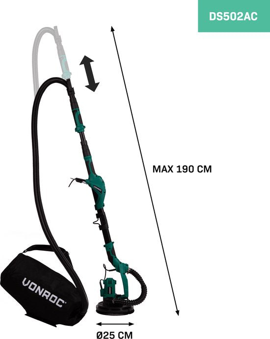 VONROC Teleskop-Deckenschleifer - 1050W - Ø225MM - Ideal für Decke und Wand