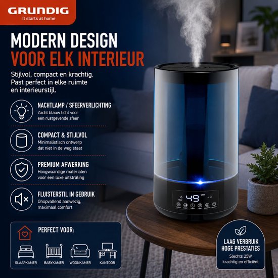 Grundig Luftbefeuchter HD-1903A – Ultraschall-Luftbefeuchter 4,3 l – mit Timer und Nachtlicht – inkl. Fernbedienung – Schwarz