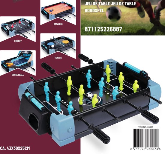 Umbro Tischfußballtisch Modell - 5-in-1 Tischspiel - 40 x 30 x 25 CM - Tischfußballspiel - Fußball, Hockey, Basketball, Tennis und Bowling - Schwarz/Blau