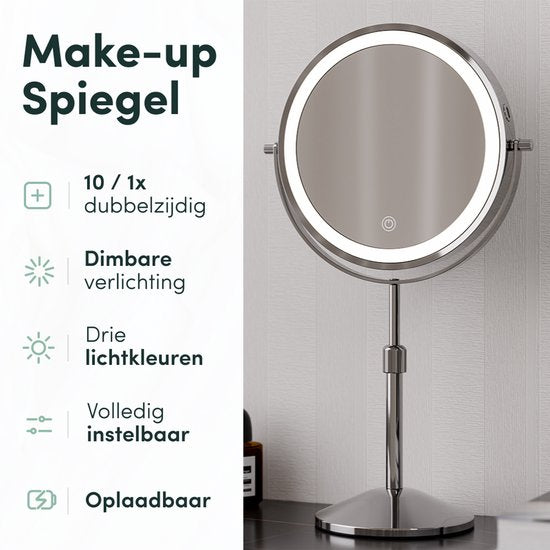 Nolt Make-up-Spiegel mit LED-Beleuchtung - 1X/10X Vergrößerungsspiegel - Rasierspiegel - Eitelkeitsleuchte - 3 Lichtmodi - wiederaufladbar - Silber