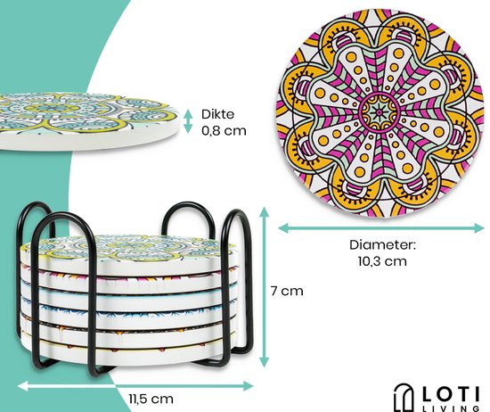 Loti Living Untersetzer mit Halter - Untersetzer Design - Untersetzer Kork - Untersetzer Set - Untersetzer für Gläser - 6 Stück - Mandala Design