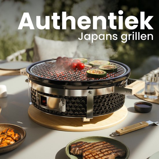 KitchenBrothers Kamado Hibachi Grill - PFAS frei - Holzkohlegrill - Shichirin Tischgrill - Rund BBQ - Keramikgrill - Schwarz