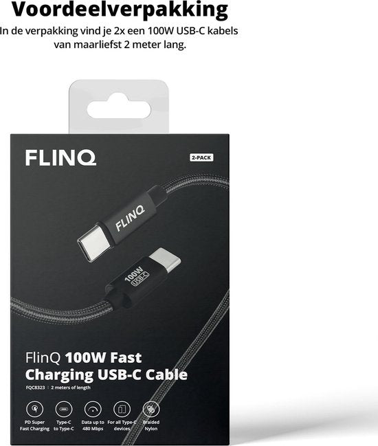 FlinQ - 2x USB C auf USB C Kabel 100W - Schnellladegerät für Smartphone, Tablet - Datenkabel und Ladegerät - 2 Meter langes Nylon-Ladekabel