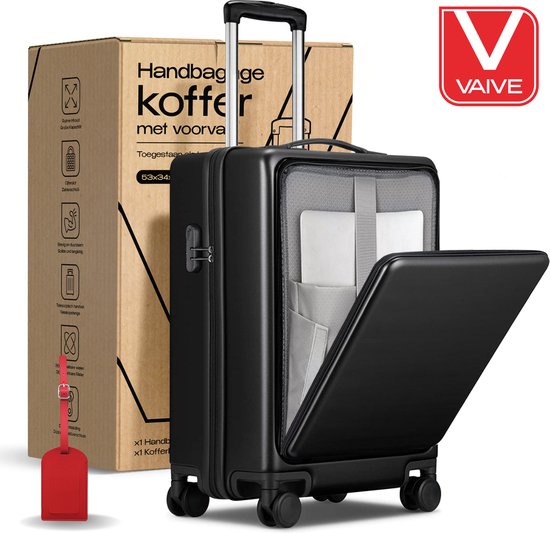 VAIVE Handgepäck Koffer mit Fronttasche - 43L Koffer - Leichter Trolley - Schwarz