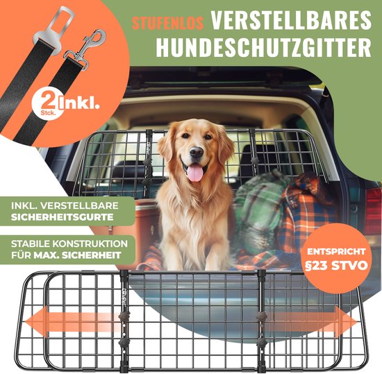 LovPet® Hundehalterung Auto, Universal-Autotrennwand, verstellbare Breite, Kopfstütze Gepäckablage Kofferraumschutz Abmessungen HxB 30 x 91-153 cm , + 2x Sicherheitsgurt für Hunde - Schwarz