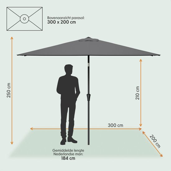 LifeGoods Sonnenschirm - Garten - 200x300cm - 30° neigbar - Wasserdicht - UPF50+ - Dunkelgrau
