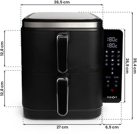 Nexxt - Double Stacked Airfryer - 11 l Fassungsvermögen - Schwarz & Edelstahl - 12 Garprogramme - Stacked Modell - Platzsparend & Doppelschublade