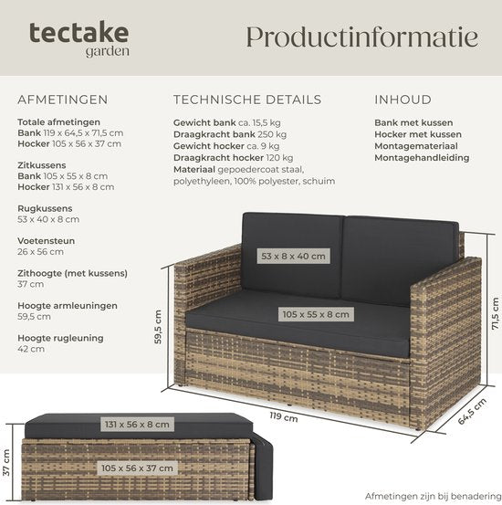tectake® Lounge-Sofa aus Geflecht - Mit Ottomane - Für 2 Personen - Lounge-Sofa mit Sitz- und Rückenkissen - Wetterfest - Ideal für Terrasse, Wintergarten und Balkon - Maße Sofa (LxBxH) 119 x 64,5 x 71,5 cm - Natur