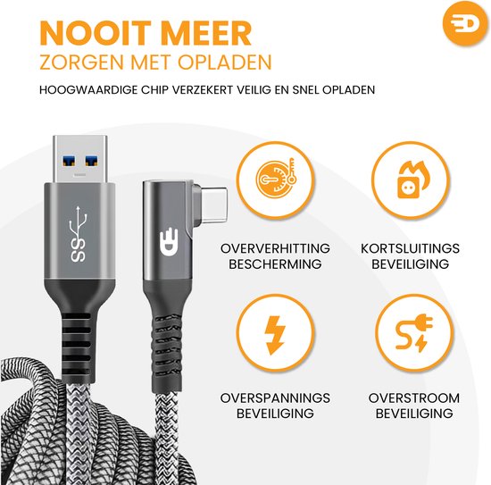 Drivv. USB-auf-USB-C-Kabel - Gewinkelt - Modell 2024 - USB-C-Daten- und Ladekabel - Schnelles Laden / Schnelles Aufladen - 1,5 Meter kurz - Geeignet für Samsung, iPhone 15 und mehr - Grau