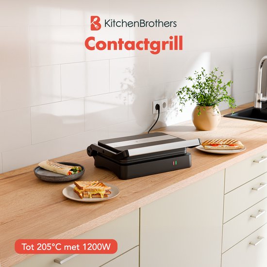 KitchenBrothers Kontaktgrill - Toasti Gerät - Grillgerät - Panini Grill - Croque Monsieur Gerät - Toasti Eisen - 1200W - Schwarz