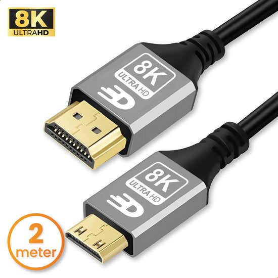 Drivv. Premium Mini HDMI zu HDMI Kabel 2.1 - 8K 60Hz / 4K 120Hz Ultra HD - 2 Meter - Grau - Geeignet für Kameras, Tablets und Laptops