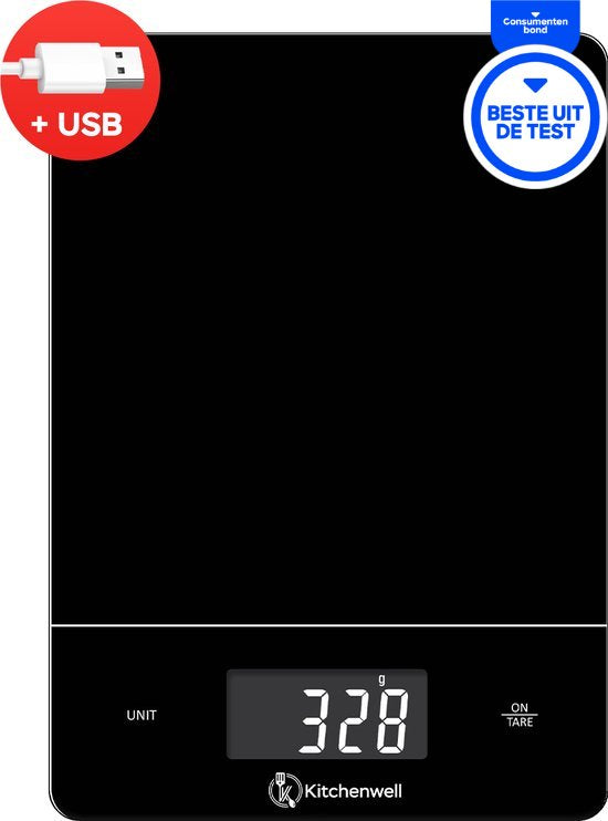 Kitchenwell Digitale Präzisions-Küchenwaage - Waage Küche - 1gr - 15kg - Tara-Funktion - USB wiederaufladbar - Schwarz