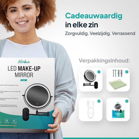 Mirlux Make-up-Spiegel mit Led-Beleuchtung - wiederaufladbar - 5-fache Vergrößerung - Vergrößerungsspiegel mit Licht - Rasierspiegel - Badezimmerspiegel - Schwarz