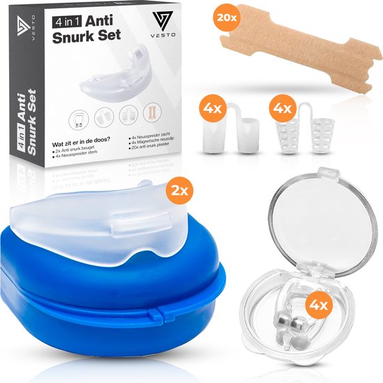 Vesto® Schnarch-Set - 2x Anti-Schnarch-Spange - 20x Nasenpflaster - 8x Nasenspreizer - 4x Magnetische Nasenklemme - Komplett-Set - Anti-Schnarch-Spange Pro - Anti-Schnarch-Hilfsmittel