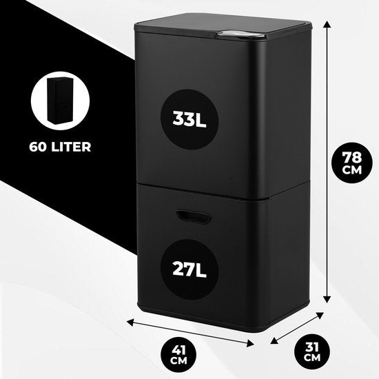 Bayt Mülleimer 60 Liter - Mülleimer 60 Liter - Mülltrennung - 2 Fächer - Edelstahl - Schwarz
