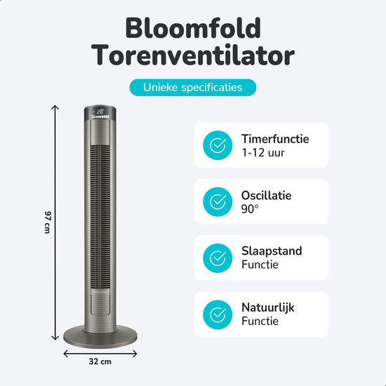 Bloomfold Turmventilator – 3 Geschwindigkeiten – 90° Oszillation – Mit Fernbedienung & Timer – 96 cm – Schwarz