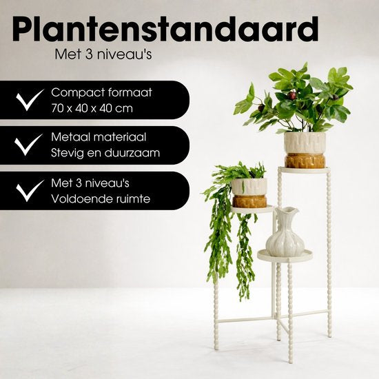 Mica Decorations Salvo Pflanzenregal – Pflanzenständer für Zimmerpflanzen – Pflanzentisch für den Innenbereich – Pflanzenuntersetzer mit drei Ablagen – 40 x 40 x 70 cm – Eisen – Offwhite