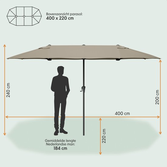LifeGoods Doppelter Sonnenschirm - Garten - 220x400cm - bis zu 8 Personen - Wasserdicht - UPF50+ - Taupe