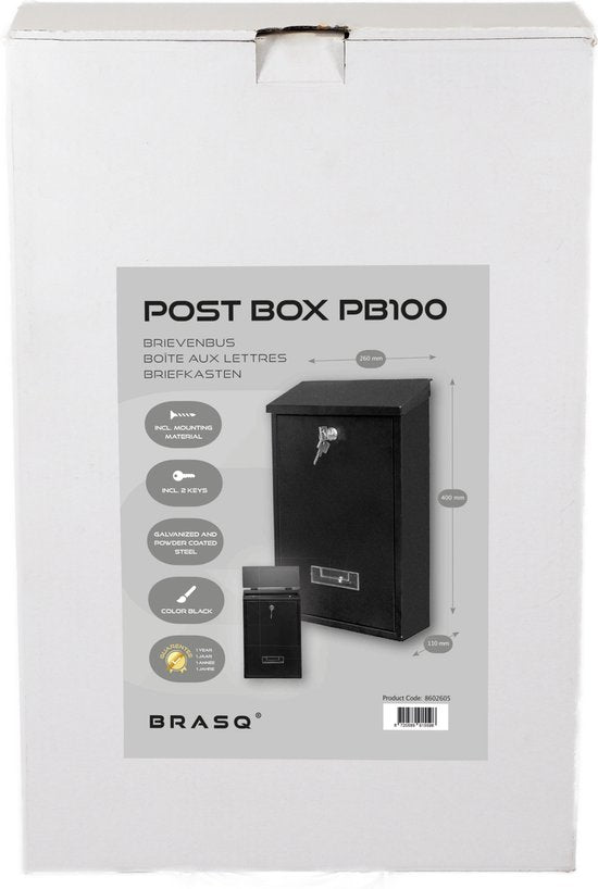 BRASQ Briefkasten Schwarz - Wandbriefkasten mit Schloss - Briefkästen - Moderner Briefkasten mit Namensschild - Inkl. Montagematerial & 2 Schlüssel - Schließzylinder - Edelstahl
