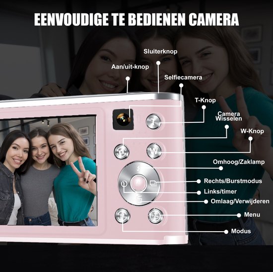 K&L Digitalkamera 4K - Fotokamera - Fotokamera - Kompaktkamera - Vlog-Kamera - Für Kinder - Inklusive 64GB - NL Software - Pink