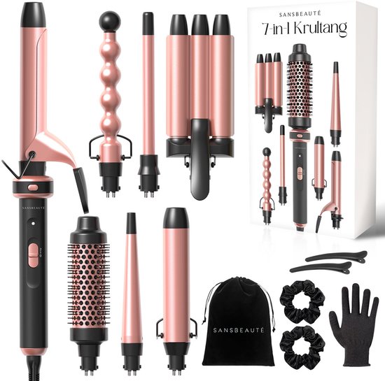 Sansbeauté® 7 in 1 Lockenstab - Mit Klemme und Waffelzange - Keramik-Lockenstab - 13mm bis 38mm - Für kurzes Haar - Wärmebürste - Lockenzange - Thermobürste - Haarstyler
