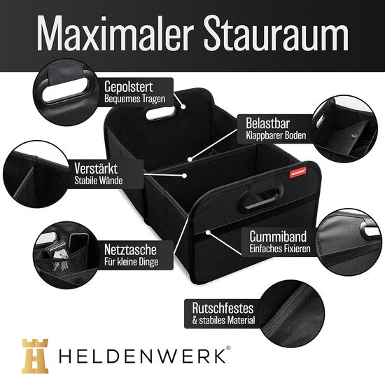 HELDENWERK Kofferraumtasche, faltbar, verstärkt und stabil, Kofferraum-Organizer, Einkaufstasche zur praktischen Aufbewahrung, rutschfeste Auto-Faltbox, Kofferraumbox (schwarz)