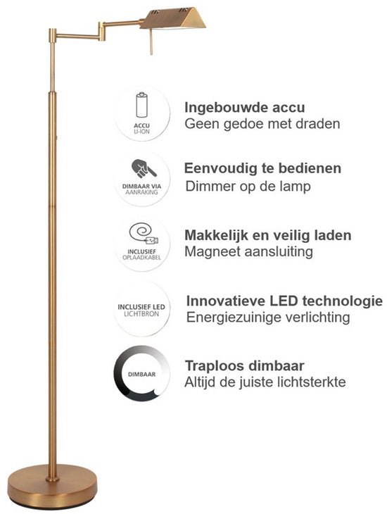 Stehlampe GlowGo 4603BR – Klassische Stehlampe in Bronze von Mexlite mit integriertem Akku, verstellbarem Arm und Dimmer, Höhe 125 cm
