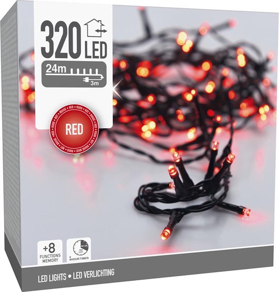 Weihnachtsbeleuchtung 320 LEDs – 24 m – rot – Timer – Lichtfunktionen – Speicher – Außen – Innen