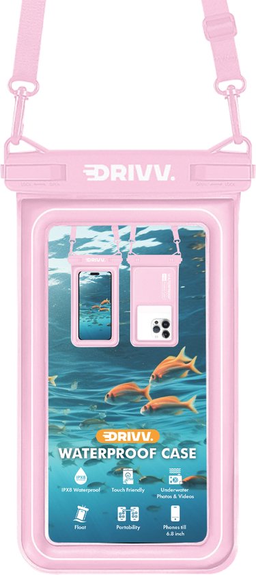 Drivv. Wasserdichte Luxus-Telefonhülle - schwimmend - doppelter Clip-Verschluss - bis zu 6,8 Zoll - Unterwasser-Telefonhülle - Pink