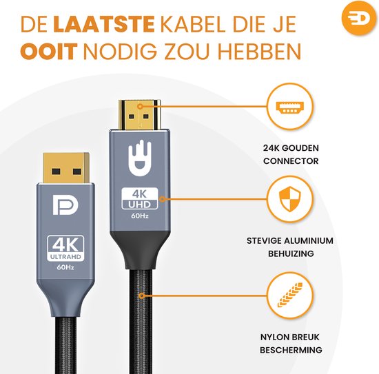 Drivv. Premium Displayport zu HDMI Kabel - 4K 60hz - Nylon - 2 Meter - Grau