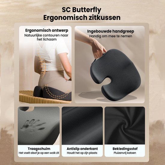 ProtoArc® SC Butterfly Sitzkissen - Ergonomisches Orthopädisches Sitzkissen - Stuhlkissen & Sprungkissen - Memory Foam Keilkissen - Für Bürostuhl, Auto & Zuhause - Atmungsaktiv & Rutschfest