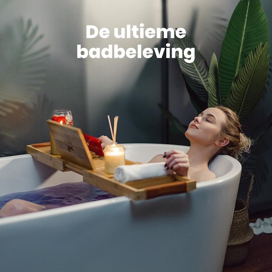 RelaxTub® Badeboard - Badeboard für die Badewanne - Badregal - Verstellbar - Rutschfest - Badeboard Bambus - Badeboard Holz - Badregal mit Buchhalter, Tablet-Halter & Spiegel